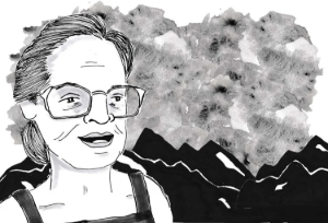 Black-and-white illustrated portrait against a textured mountain landscape