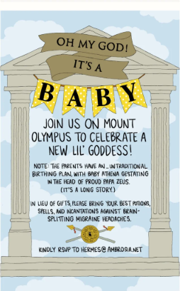 Illustrated Mount Olympus baby shower invitation