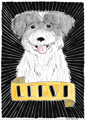 Hand-drawn portrait of a white dog named Leevi on a black radiating background