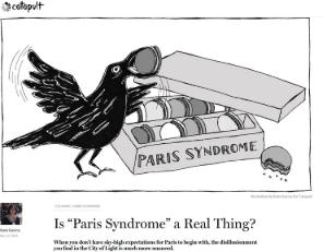 Black-and-white editorial illustration of a bird beside the words Paris Syndrome