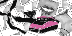 Black, gray, and pink illustration of a person climbing into a car