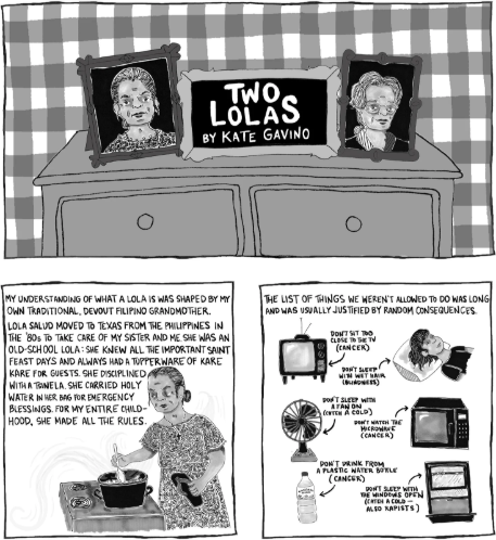Three-panel black-and-white comic titled Two Lolas by Kate Gavino