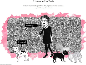 Pink, black, and white illustration of a woman walking several dogs